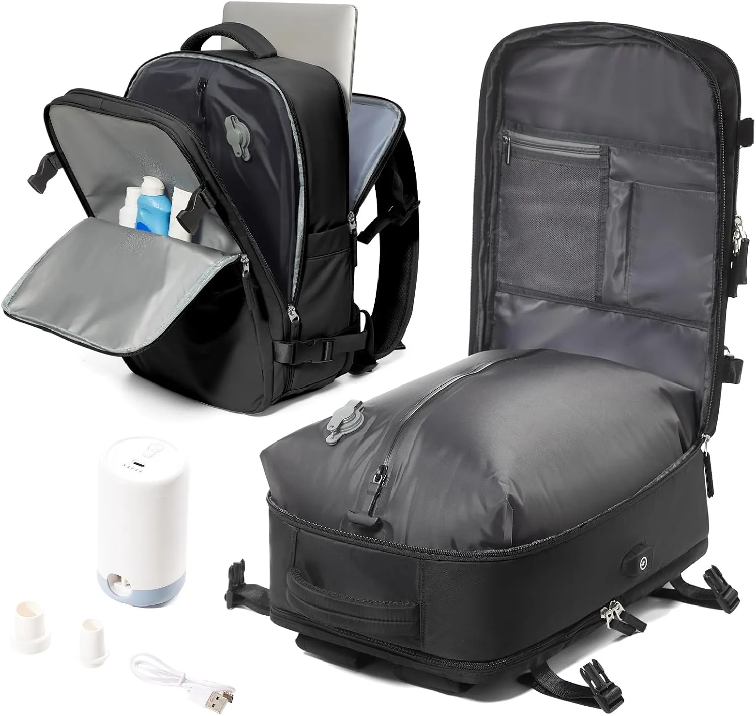 Vacuum Backpack Travel With Pump, Airback Personal Item Travel Backpack with Vacuum System, Waterproof Seal Compression bags, Carry on Flight Approved Backpack Black（With Air Pump）