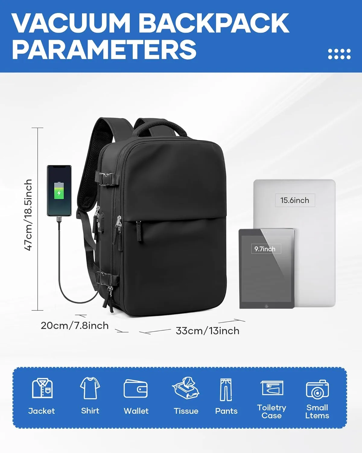 Vacuum Backpack Travel With Pump, Airback Personal Item Travel Backpack with Vacuum System, Waterproof Seal Compression bags, Carry on Flight Approved Backpack Black（With Air Pump）