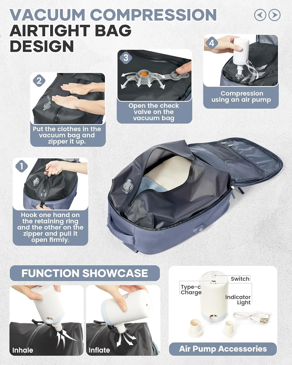 Vacuum Seal Backpack for Travel with Air Pump Vacpack Airback Carry on Flight Approved Compression Daypack Laptop Space Saver Bags Storage with Vacuum System 18x14x8 inches Travel Bag Women JewelBlue
