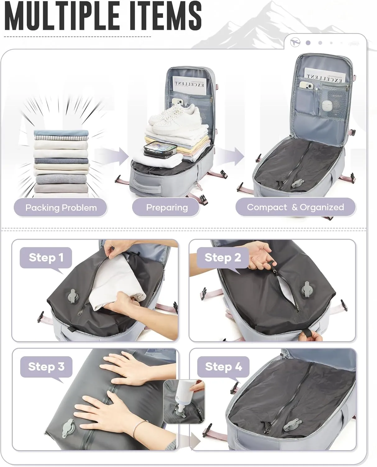 Vacuum Travel Backpack with Electric Pump for Women Men, Vacpack Seal Compression Bags Waterproof Travel Backpack Carry on Flight Approved, Airback Personal Item Carry on Backpacks