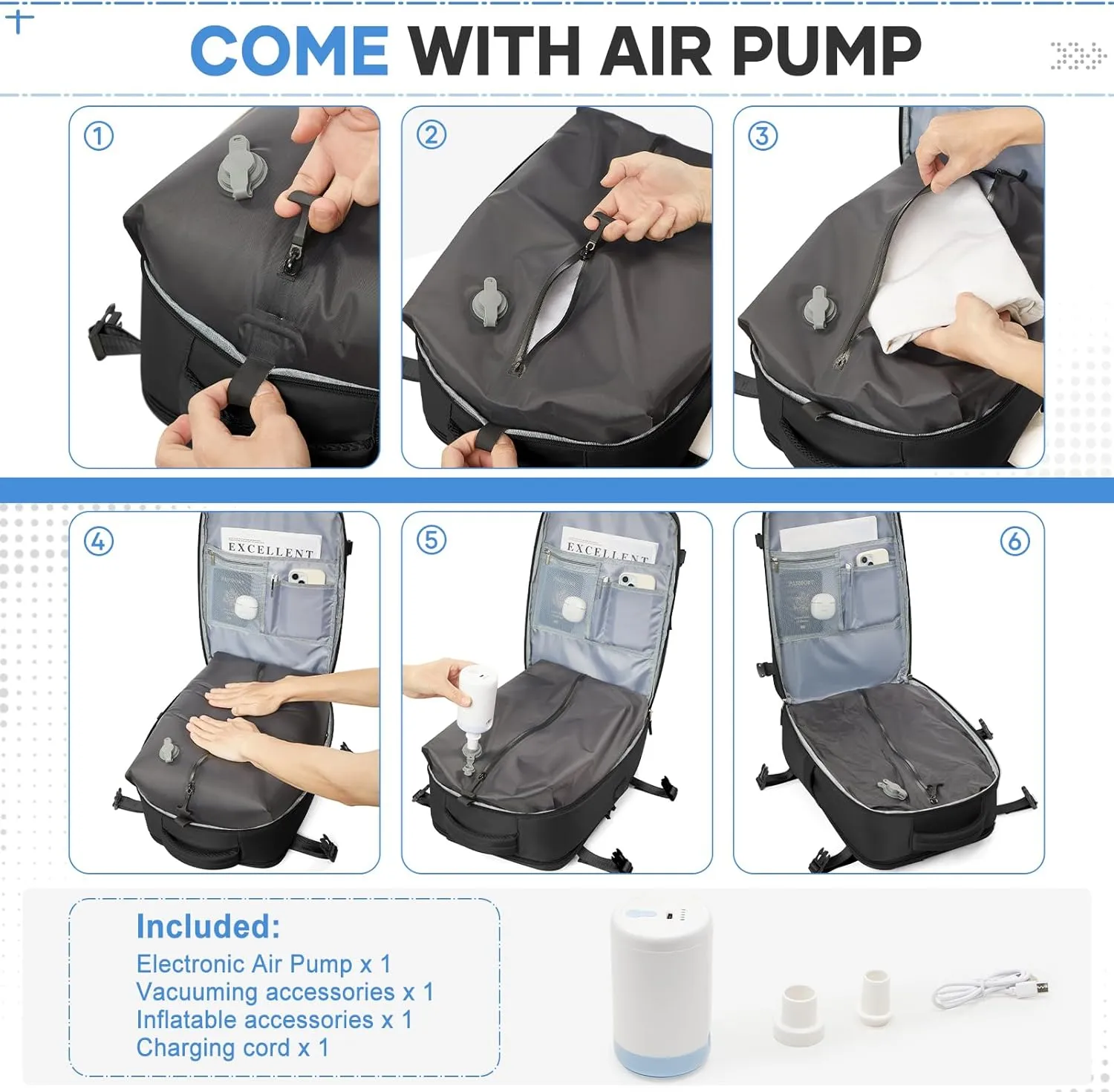Vacuum Travel Backpack with Pump for Women Men, Carry on Air Backpack for Flight Approved, Personal Item Luggage Backpacks Bulto de Viaje Tiktok Backpacks - Black