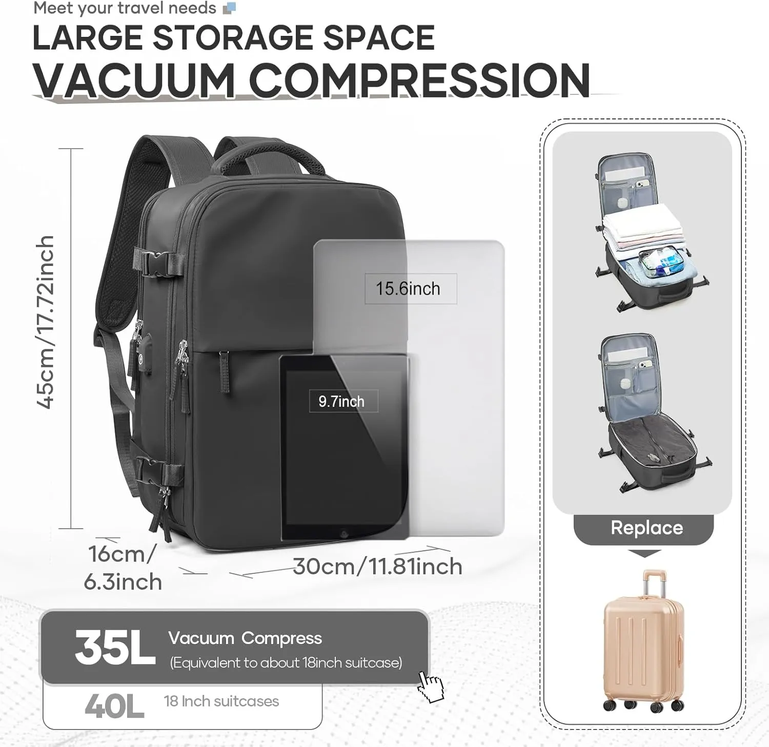 Vacuum Travel Backpack with Pump for Women Men, Carry on Air Backpack for Flight Approved, Personal Item Luggage Backpacks Bulto de Viaje Tiktok Backpacks - Black
