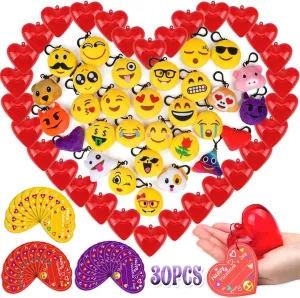 Valentines Day Gifts Cards for Kids - 30 Packs Filled Hearts Valentines Day Cards with Emoticon Plush Keychains Classroom School Gift Exchange Party Favors Bulk Toys Treasure Box Carnival Prizes