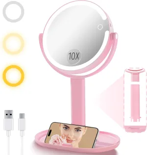 Vanity Makeup Mirror with Lights, 10X/1X Double Sided Magnifying Light up Desk Mirror with Stand Cosmetic Organizer, 3 Color Brightness Adjustable 360° Rotation Detachable for Travel