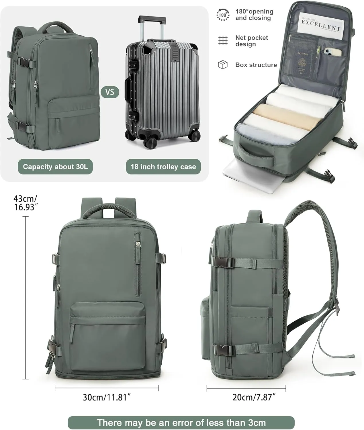 VGCUB Large Travel Backpack with Vacuum System Carry on Personal Item Storage Compression Seal Bags for Clothing with Pump Work Business Vacpack Airback Laptop Backpack for Women Men Green