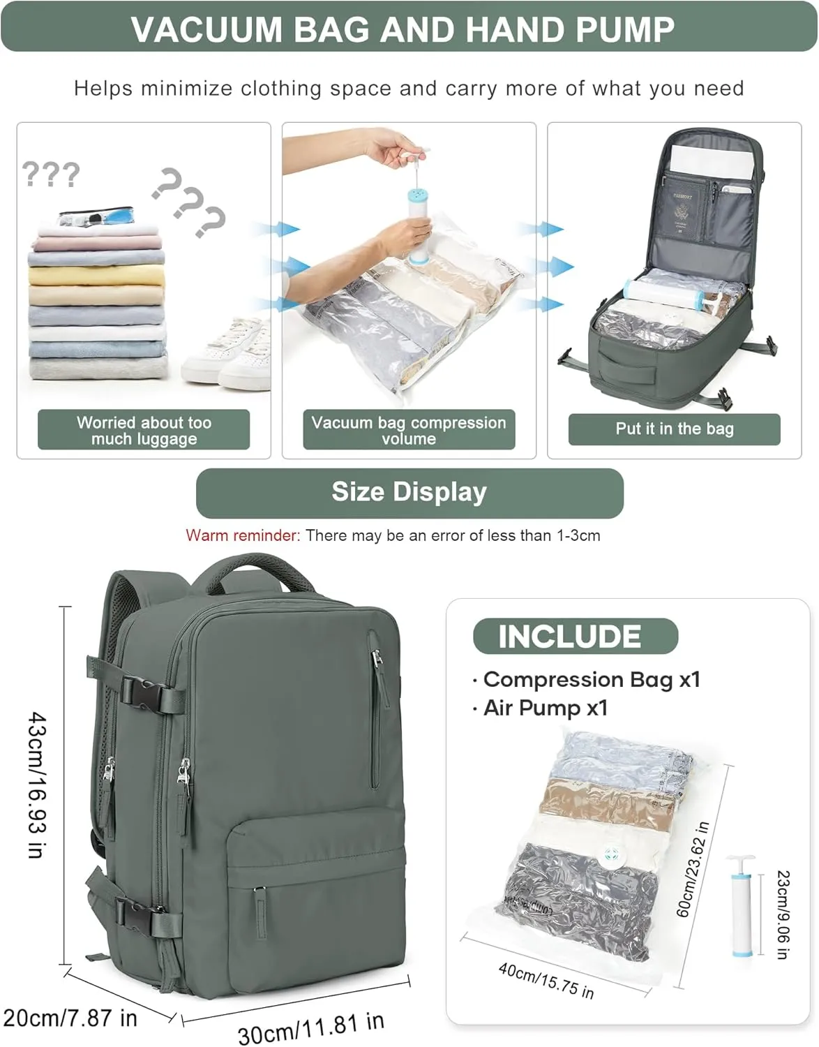 VGCUB Large Travel Backpack with Vacuum System Carry on Personal Item Storage Compression Seal Bags for Clothing with Pump Work Business Vacpack Airback Laptop Backpack for Women Men Green