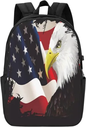 Vintage American Flag Eagle Veterans Day Backpack 17 Inch Laptop Backpacks Outdoor Travel Rucksack Work Business Daypack with USB Port Carry On Bag for Cycling Hiking