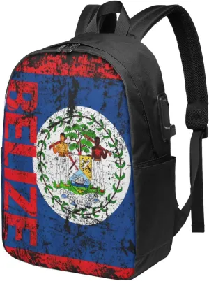 Vintage Belize Flag Travel Backpack 17-Inch Laptop Backpacks Business Rucksack Casual Sport Daypack with USB Charging Port Carry-on Bag for Camping Biking