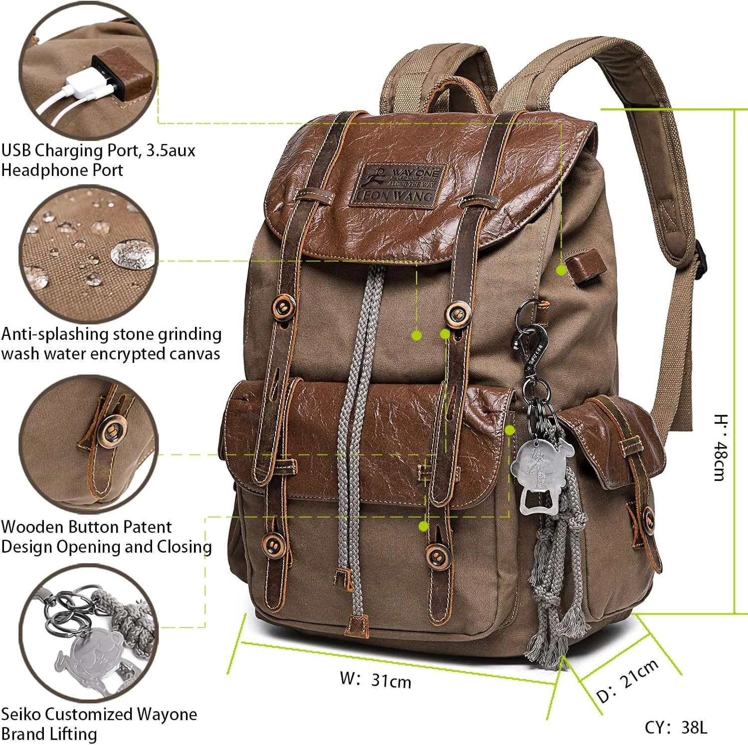 Vintage Canvas Leather Backpack for Men Women, Waterproof Rucksack Knapsack Hiking Travel Outdoor,Retro Leather 17" Laptop Casual Backpack, Brown