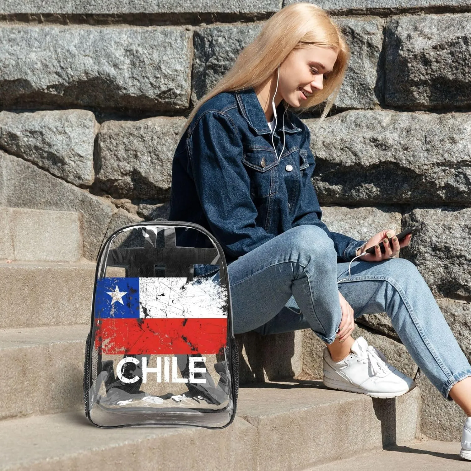 Vintage Chile Chilean Flag 16 Inch Clear PVC Backpacks Transparent Backpack Multipurpose Double Shoulder Bag for Men Women Gifts
