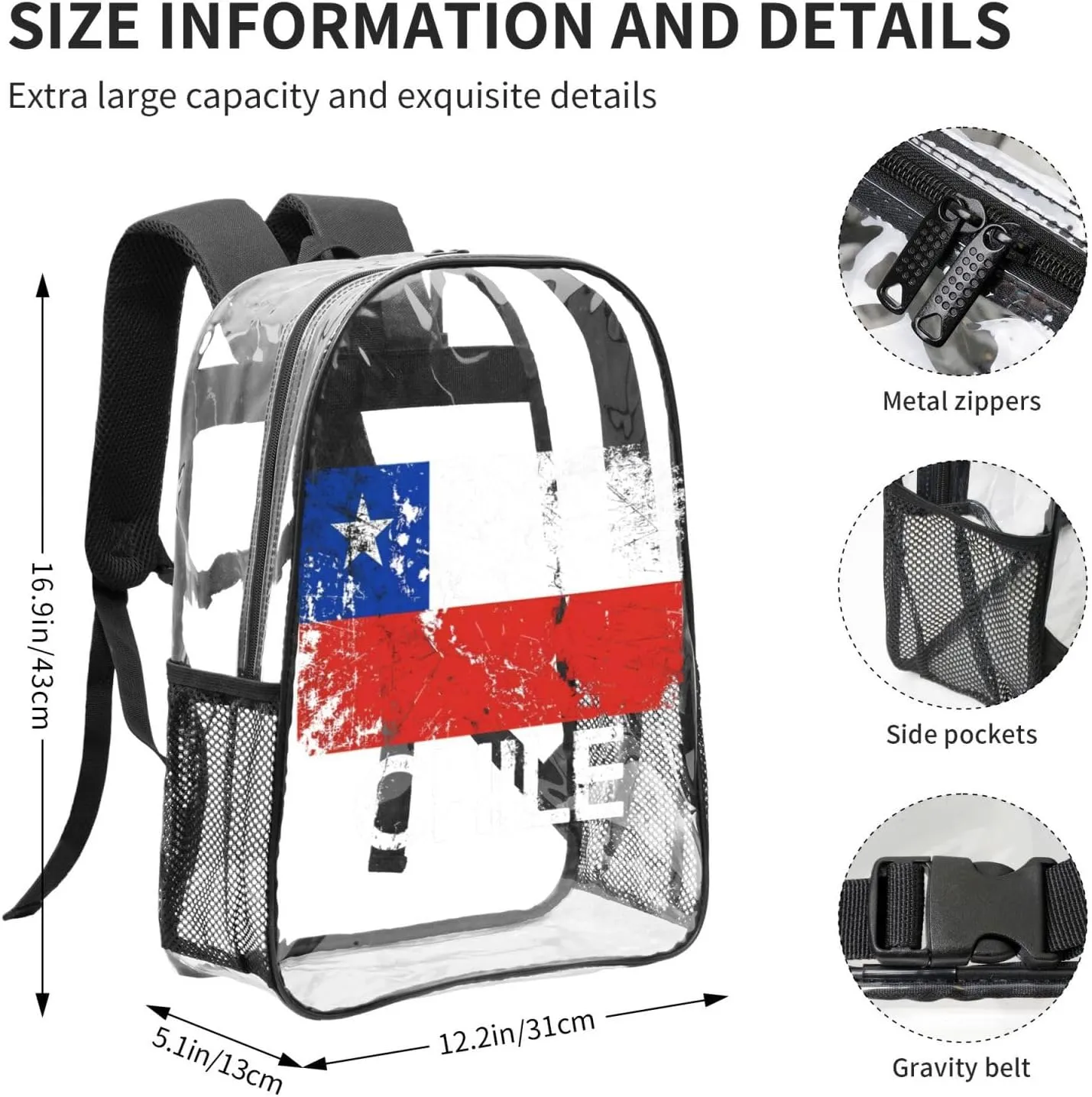 Vintage Chile Chilean Flag 16 Inch Clear PVC Backpacks Transparent Backpack Multipurpose Double Shoulder Bag for Men Women Gifts