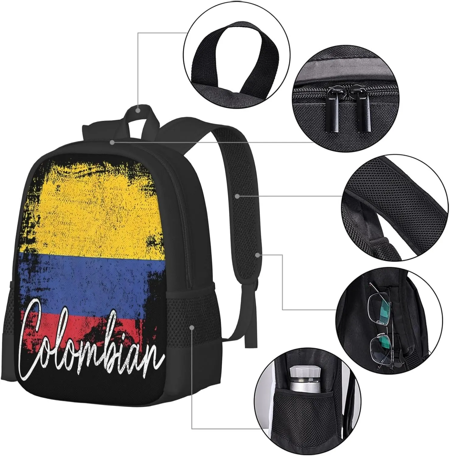 Vintage Colombia Flag Colombian Pride Roots Casual Backpack Large Capacity Backpacks 15 Inch Laptop Back Pack Travel Rucksack Daypack Commuter Bags with Adjustable Strap for Camping