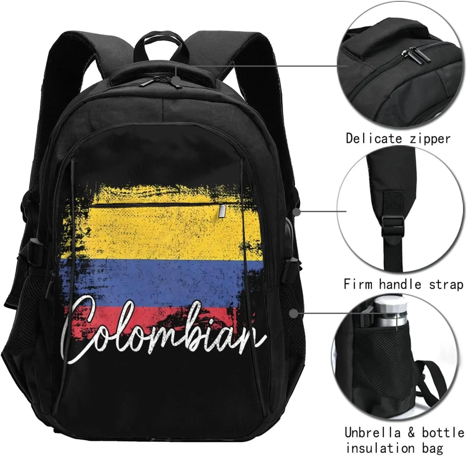 Vintage Colombia Flag Colombian Pride Roots Travel Backpacks Casual Backpack Large Capacity Laptop Rucksack Luggage Daypacks with USB Charging Port Multi-Pockets Bags for Hiking