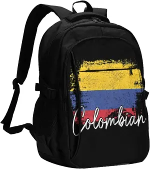 Vintage Colombia Flag Colombian Pride Roots Travel Backpacks Casual Backpack Large Capacity Laptop Rucksack Luggage Daypacks with USB Charging Port Multi-Pockets Bags for Hiking