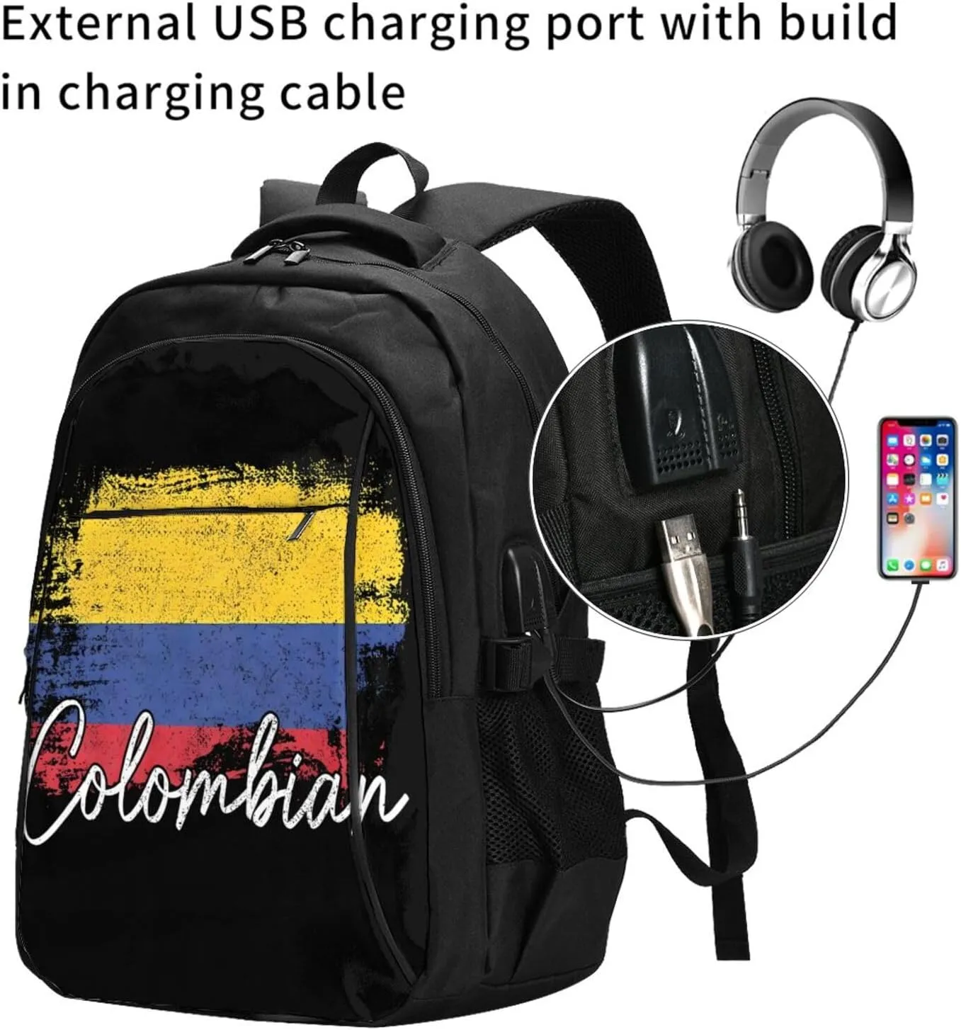Vintage Colombia Flag Colombian Pride Roots Travel Backpacks Casual Backpack Large Capacity Laptop Rucksack Luggage Daypacks with USB Charging Port Multi-Pockets Bags for Hiking