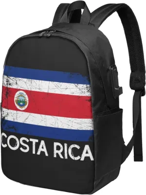Vintage Costa Rican Flag Travel Backpack 17-Inch Laptop Backpacks Business Rucksack Casual Sport Daypack with USB Charging Port Carry-on Bag for Camping Biking