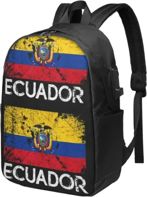 Vintage Ecuador Ecuadorian Flags Travel Backpack 17-Inch Laptop Backpacks Business Rucksack Casual Sport Daypack with USB Charging Port Carry-on Bag for Camping Biking