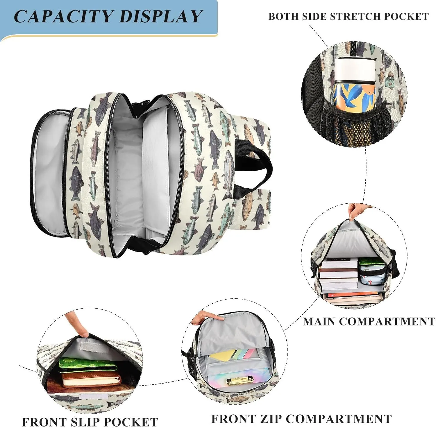 Vintage Fishes Kids Backpack Primary High School Bookbag with Chest Strap for Kids Teens Girls Boys 17.7 Inch