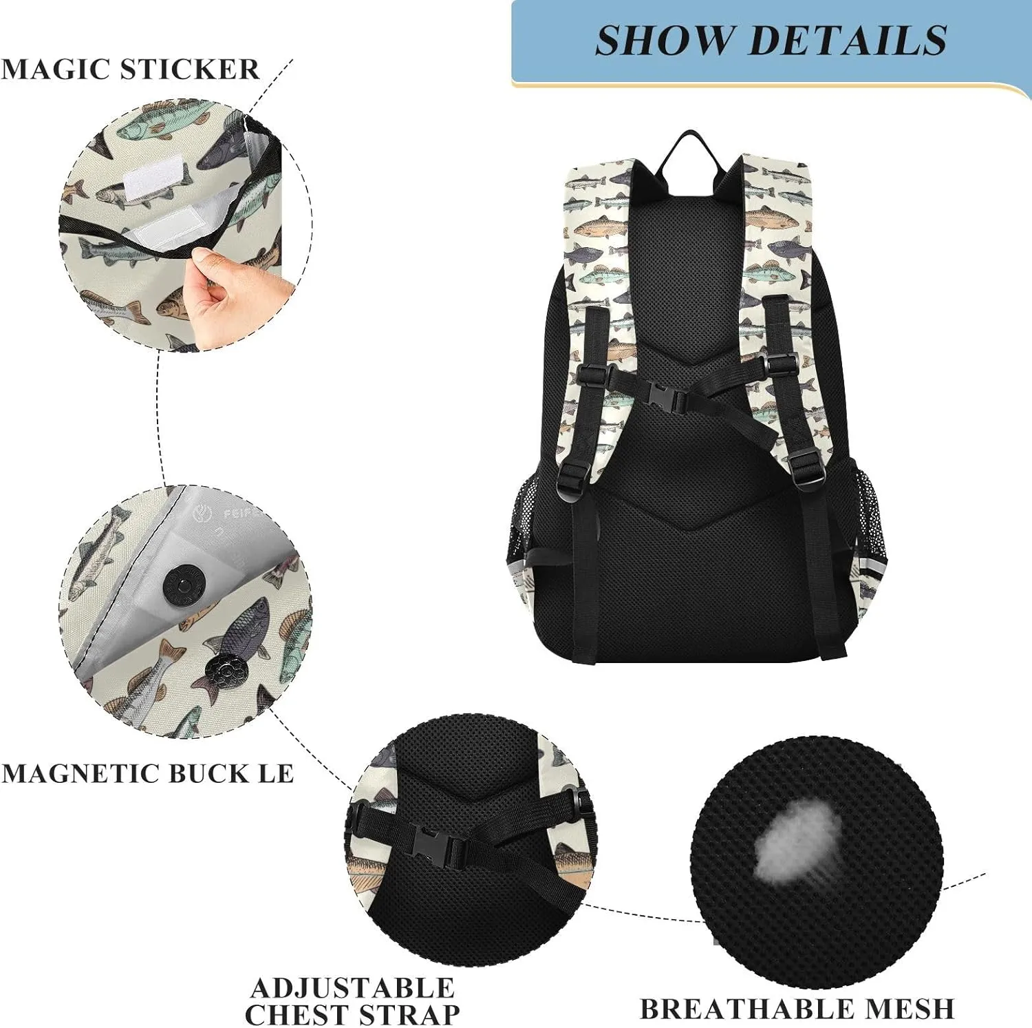 Vintage Fishes Kids Backpack Primary High School Bookbag with Chest Strap for Kids Teens Girls Boys 17.7 Inch