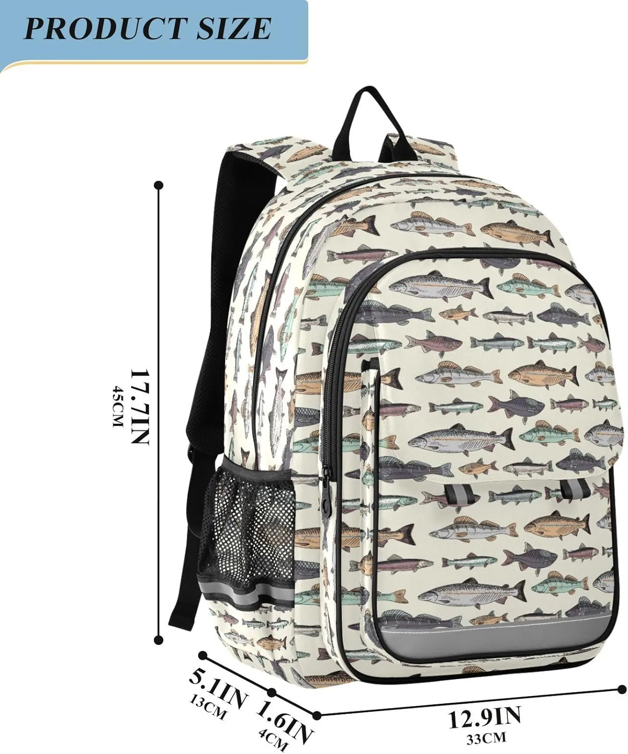 Vintage Fishes Kids Backpack Primary High School Bookbag with Chest Strap for Kids Teens Girls Boys 17.7 Inch
