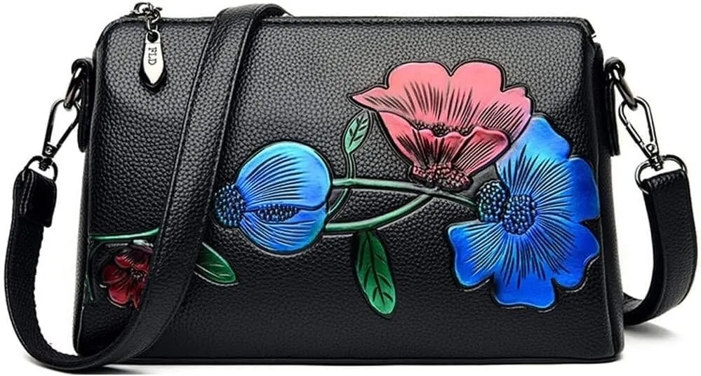 Vintage Floral Women Handbags Hobo Crossbody Bags Shoulder Soft Leather Purse Satchel Zipper Pocket Wallet