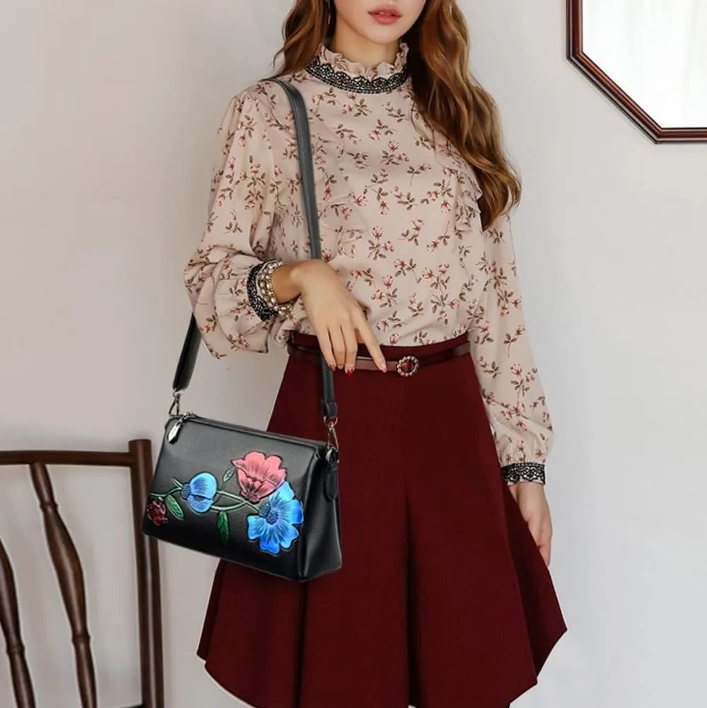 Vintage Floral Women Handbags Hobo Crossbody Bags Shoulder Soft Leather Purse Satchel Zipper Pocket Wallet