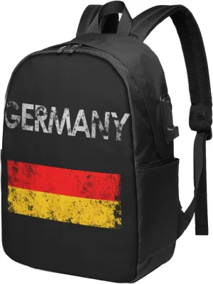 Vintage Germany German Flag Pride Travel Backpack 17-Inch Laptop Backpacks Business Rucksack Casual Sport Daypack with USB Charging Port Carry-on Bag for Camping Biking