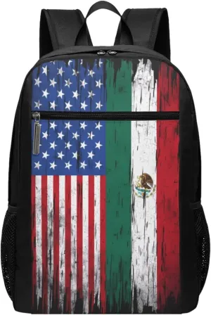 Vintage Half American Mexican Flag Mexican Roots Casual Backpacks Sports Backpack Large Capacity Travel Rucksack Laptop Daypack with Multi-Pockets Adjustable Strap Work Bag for Hiking
