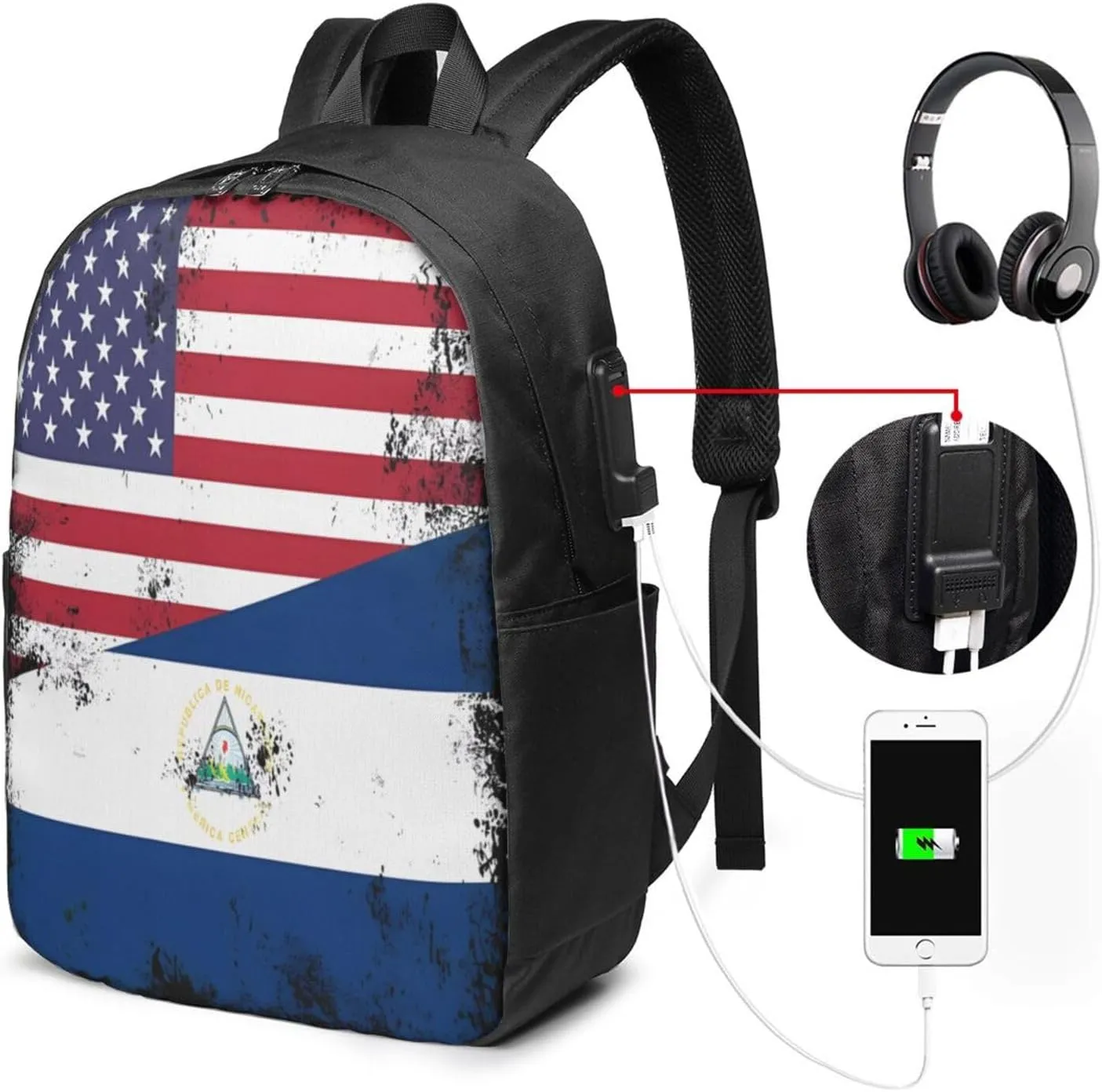 Vintage Half American Nicaraguan Flag Laptop Backpacks Travel Backpack Casual Business Daypack Sport Rucksack Computer Bag Fits up to 17 Inch Notebook with USB Port