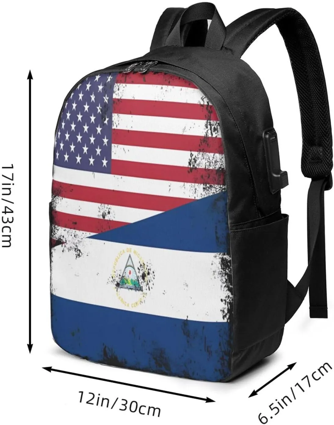 Vintage Half American Nicaraguan Flag Laptop Backpacks Travel Backpack Casual Business Daypack Sport Rucksack Computer Bag Fits up to 17 Inch Notebook with USB Port