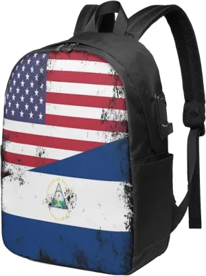 Vintage Half American Nicaraguan Flag Laptop Backpacks Travel Backpack Casual Business Daypack Sport Rucksack Computer Bag Fits up to 17 Inch Notebook with USB Port