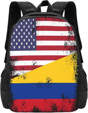 Vintage Half Colombian Colombia Half American Flag Casual Backpack Large Capacity Backpacks 15 Inch Laptop Back Pack Travel Rucksack Daypack Commuter Bags with Adjustable Strap for Camping