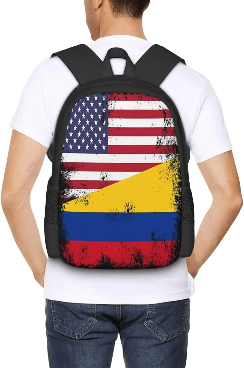 Vintage Half Colombian Colombia Half American Flag Casual Backpack Large Capacity Backpacks 15 Inch Laptop Back Pack Travel Rucksack Daypack Commuter Bags with Adjustable Strap for Camping