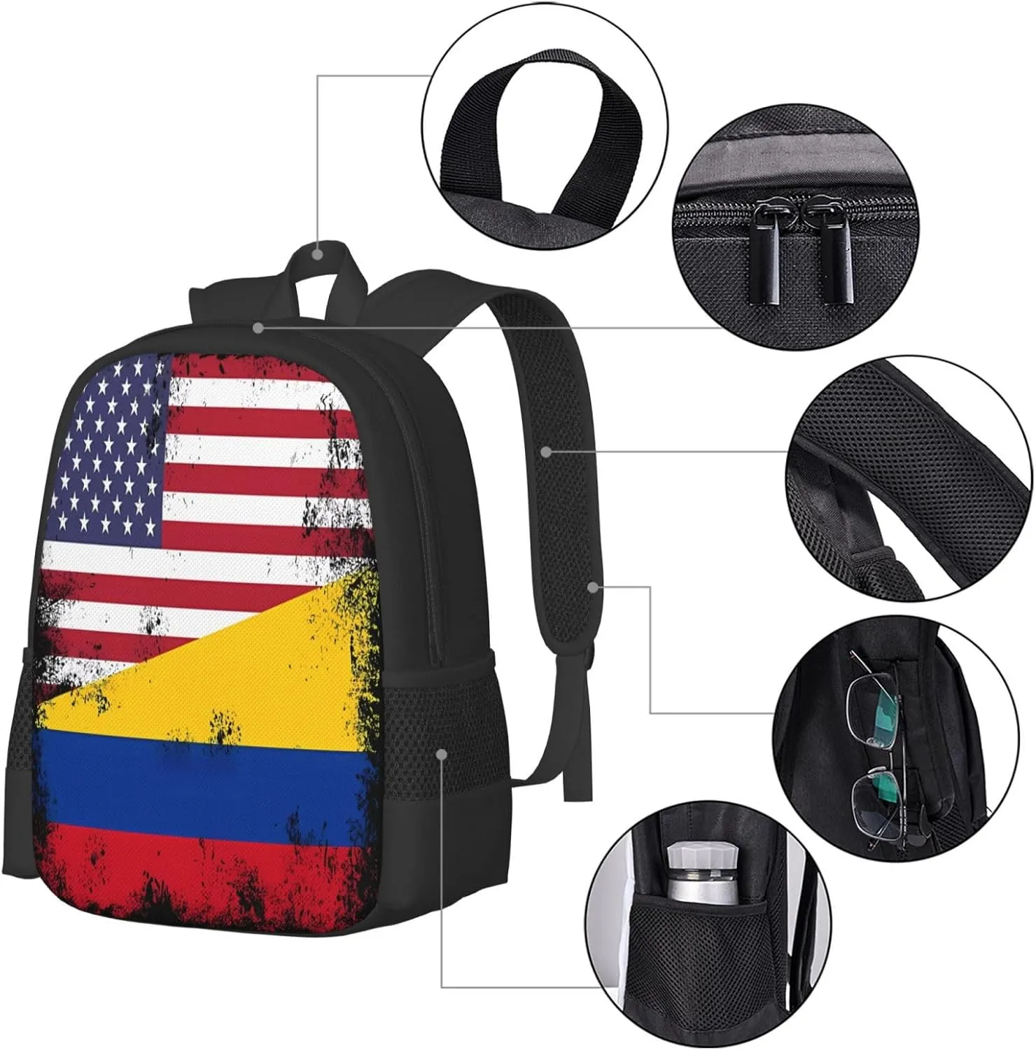 Vintage Half Colombian Colombia Half American Flag Casual Backpack Large Capacity Backpacks 15 Inch Laptop Back Pack Travel Rucksack Daypack Commuter Bags with Adjustable Strap for Camping