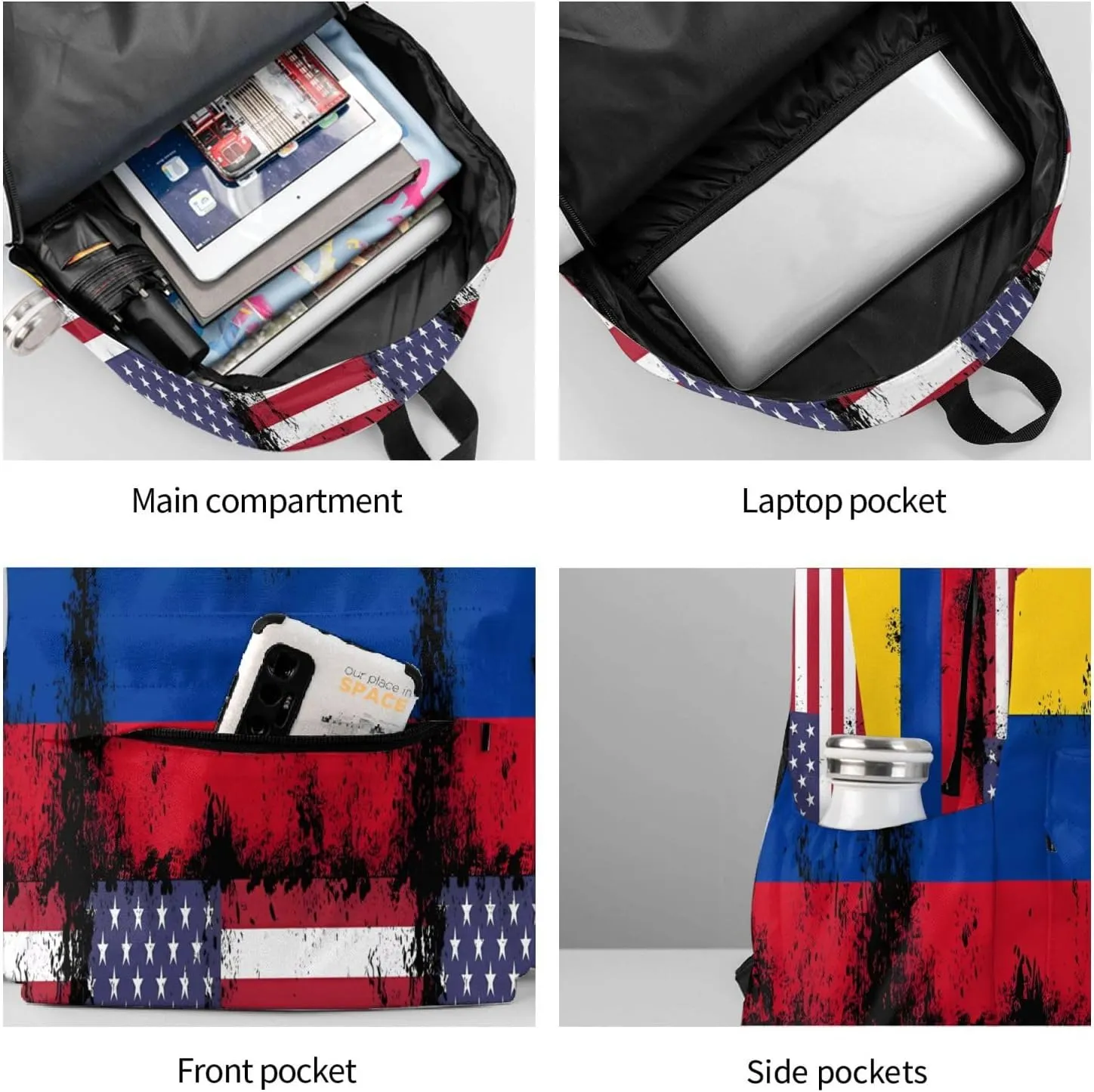 Vintage Half Colombian Colombia Half American Flag Large Travel Backpack Casual Backpacks Laptop Daypack Working Rucksack Lightweight Back Pack Sports Bag with Adjustable Shoulder Strap