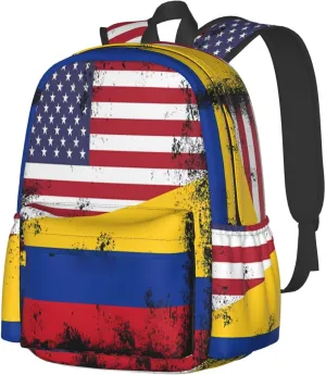 Vintage Half Colombian Colombia Half American Flag Large Travel Backpack Casual Backpacks Laptop Daypack Working Rucksack Lightweight Back Pack Sports Bag with Adjustable Shoulder Strap