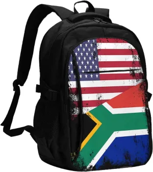 Vintage Half South African American Flag Business Laptop Backpack Travel Backpacks Outdoor Rucksack Large Bag Daypack with USB Charging Port Multi-Pocket for Hiking Camping