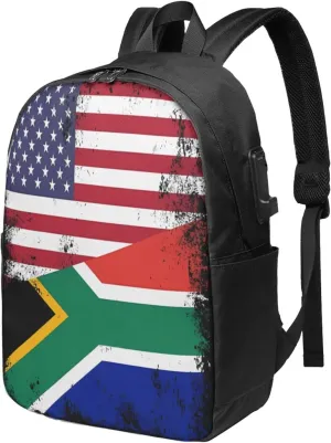 Vintage Half South African American Flag Laptop Backpacks Travel Backpack Casual Business Daypack Sport Rucksack Computer Bag Fits up to 17 Inch Notebook with USB Port