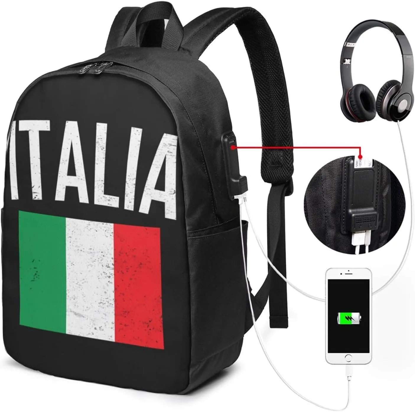 Vintage Italy Italia Italian Flags Laptop Backpacks Travel Backpack Casual Business Daypack Sport Rucksack Computer Bag Fits up to 17 Inch Notebook with USB Port