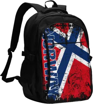 Vintage Norwegian Norway Flag Business Laptop Backpack Travel Backpacks Outdoor Rucksack Large Bag Daypack with USB Charging Port Multi-Pocket for Hiking Camping