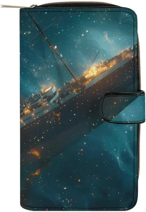 Vintage Ocean Voyage Cruise Ship Ship Sinking Womens Leather Long Wallet Fashion Card Holder Purse Clutch Handbag with Zip