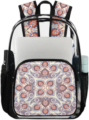 Vintage Palace Mandala Clear Backpack Heavy Duty Large Stadium Approved Clear Bag PVC See Through Transparent Backpack Work Travel Security Stadium Bag