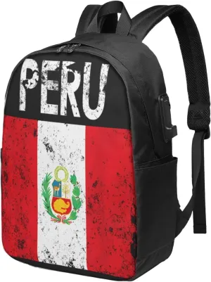 Vintage Peru Peruvian Flag Laptop Backpacks Travel Backpack Casual Business Daypack Sport Rucksack Computer Bag Fits up to 17 Inch Notebook with USB Port