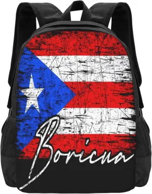 Vintage Puerto Rico Boricua Flag Pride Casual Backpacks Large Capacity Backpack Laptop Rucksack Sport Daypack Commuter Bags with Adjustable Strap for Traveling Camping