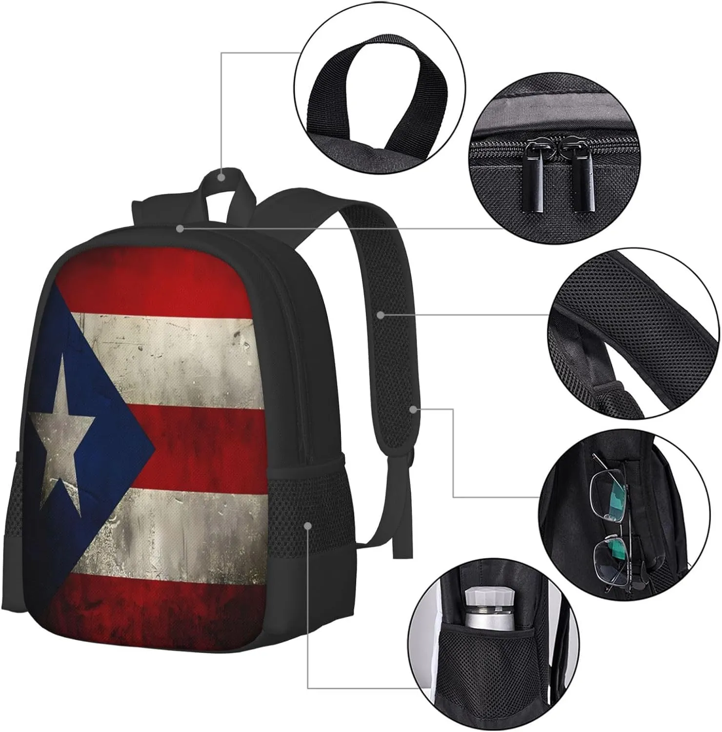 Vintage Puerto Rico Flag Casual Backpacks Large Capacity Backpack Laptop Rucksack Sport Daypack Commuter Bags with Adjustable Strap for Traveling Camping