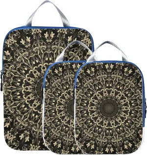 Vintage Retro Abstract Mandala Bohemian Floral Flower on Black 3 Set Packing Cubes, Travel Packing Organizers for Suitcases, Waterproof Check Oxford Toiletry Compression Luggage Storage Bag