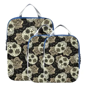 Vintage Retro Seamless Gothic Sugar Skulls with Roses, Roses Thorns 3 Set Packing Cubes, Waterproof Check Oxford cloth Organizers, Travel Packing Toiletry Storage Bag