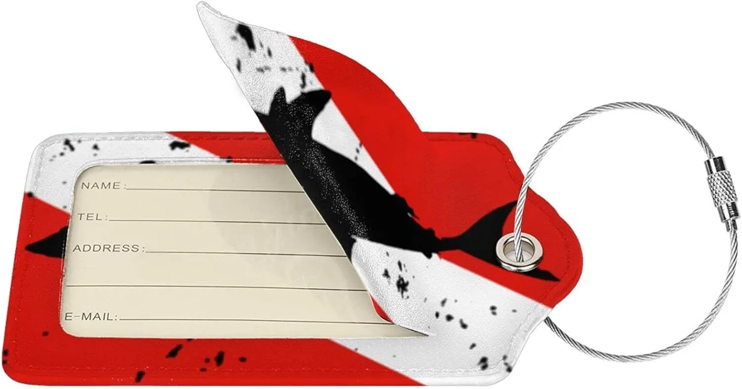 Vintage Shark Scuba Dive Flag Leather Baggage Bag Luggage Tag with Privacy Cover Set of 2 for Women Men Travel