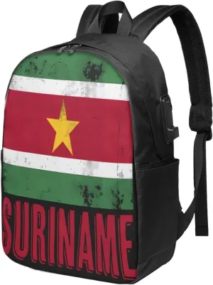 Vintage Suriname Surinamese Flag Laptop Backpacks Travel Backpack Casual Business Daypack Sport Rucksack Computer Bag Fits up to 17 Inch Notebook with USB Port