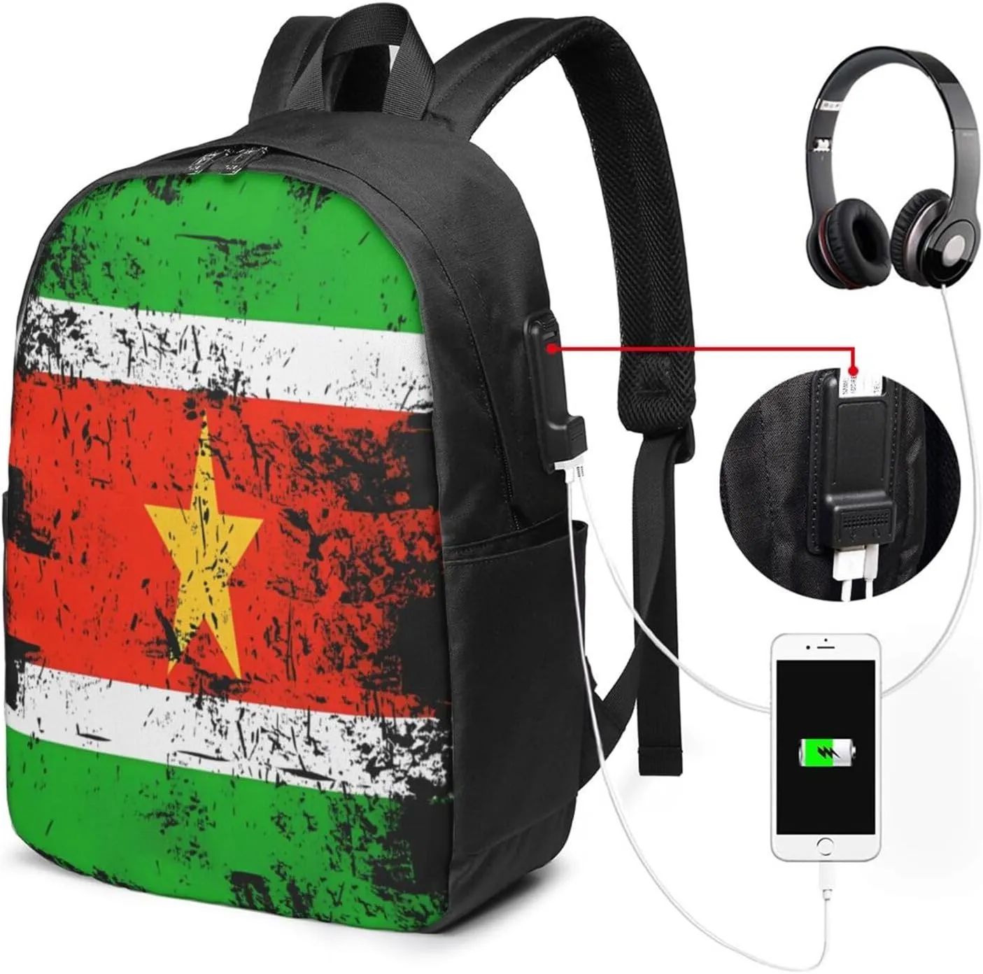Vintage Suriname Surinamese Flag Laptop Backpacks Travel Backpack Casual Business Daypack Sport Rucksack Computer Bag Fits up to 17 Inch Notebook with USB Port